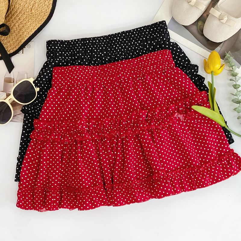 Polka Dot Ruffled Flared Mini Skirt
