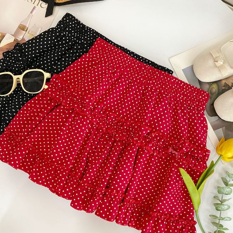 Polka Dot Ruffled Flared Mini Skirt