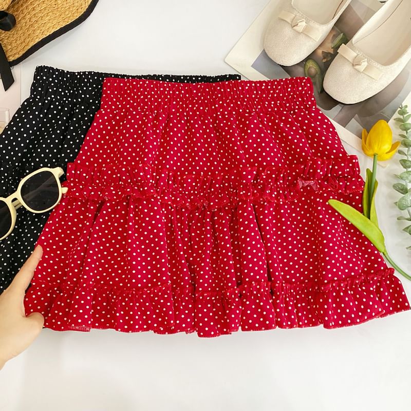 Polka Dot Ruffled Flared Mini Skirt
