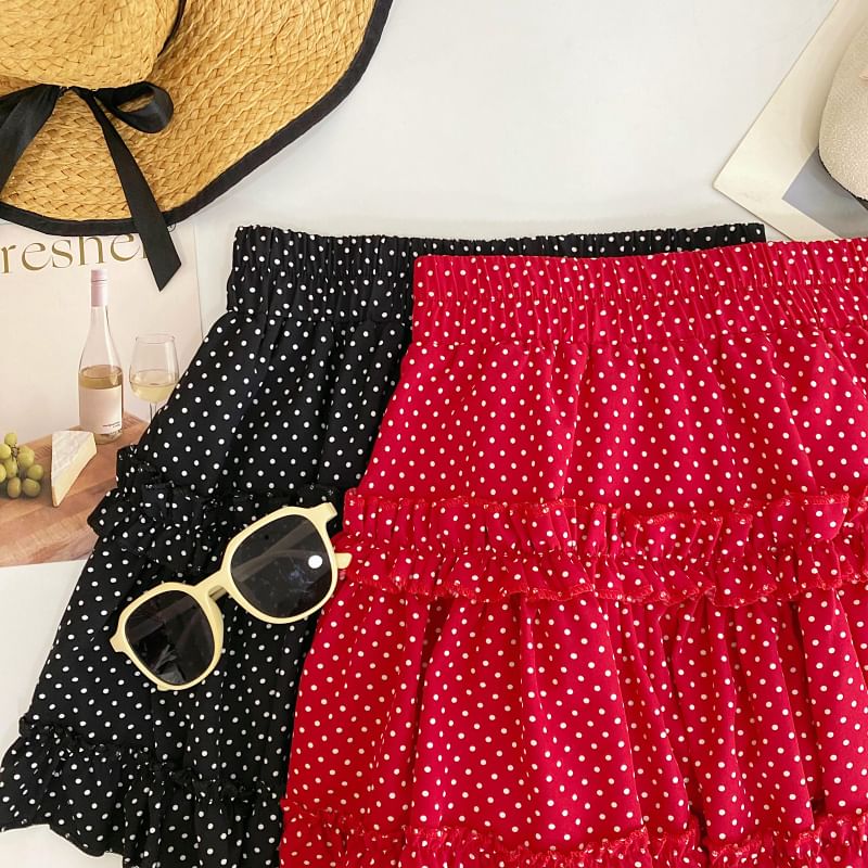 Polka Dot Ruffled Flared Mini Skirt