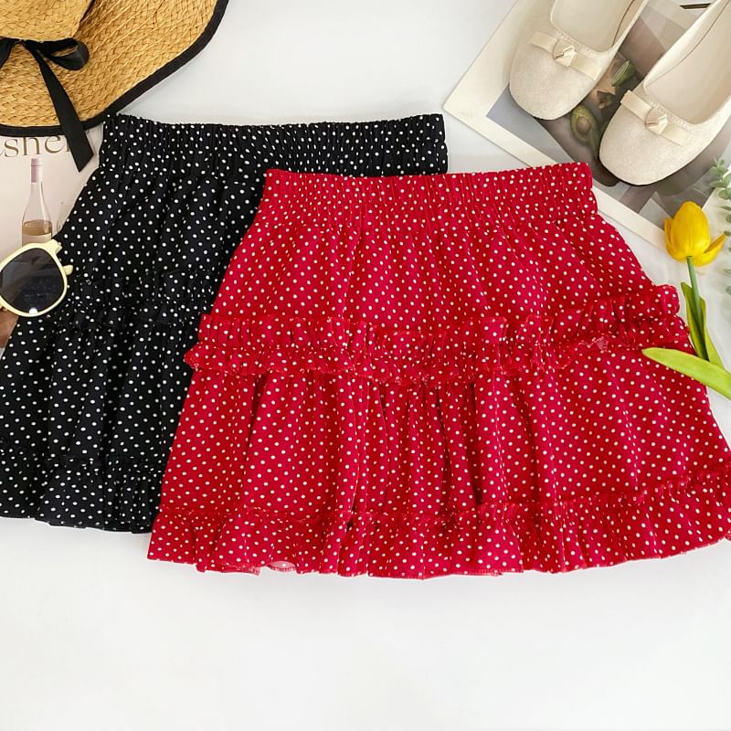 Polka Dot Ruffled Flared Mini Skirt