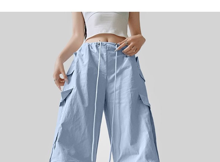 Drawstring Waist Plain Wide Leg Cargo Pants