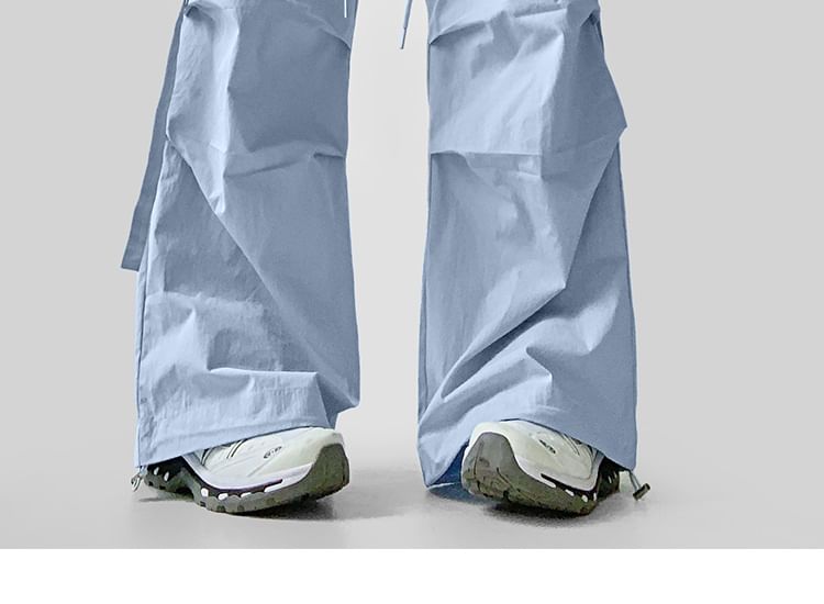 Drawstring Waist Plain Wide Leg Cargo Pants