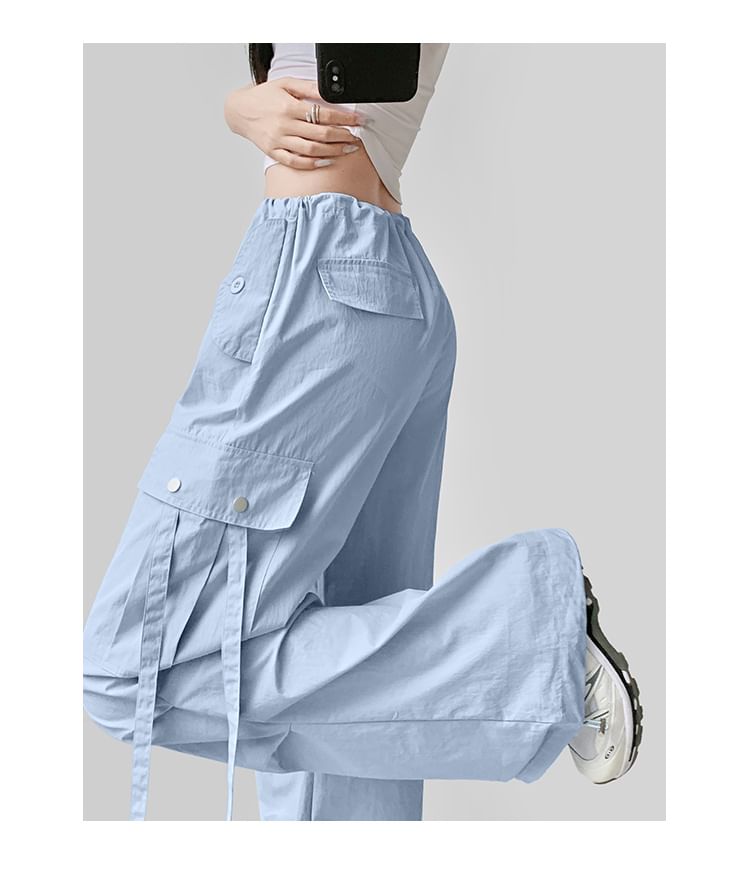 Drawstring Waist Plain Wide Leg Cargo Pants