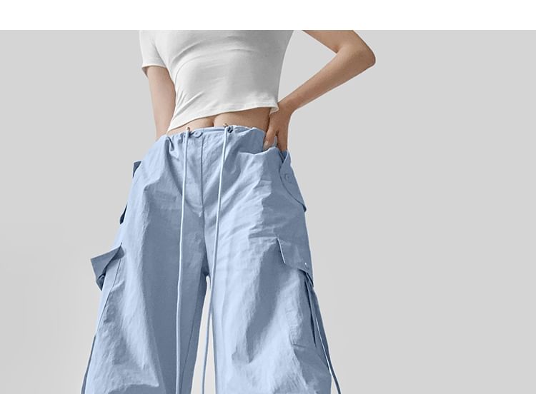 Drawstring Waist Plain Wide Leg Cargo Pants