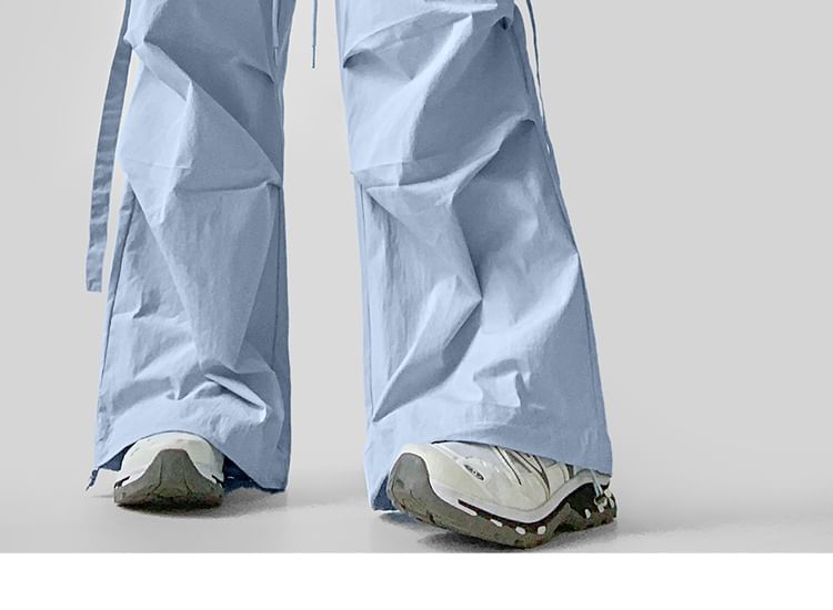 Drawstring Waist Plain Wide Leg Cargo Pants