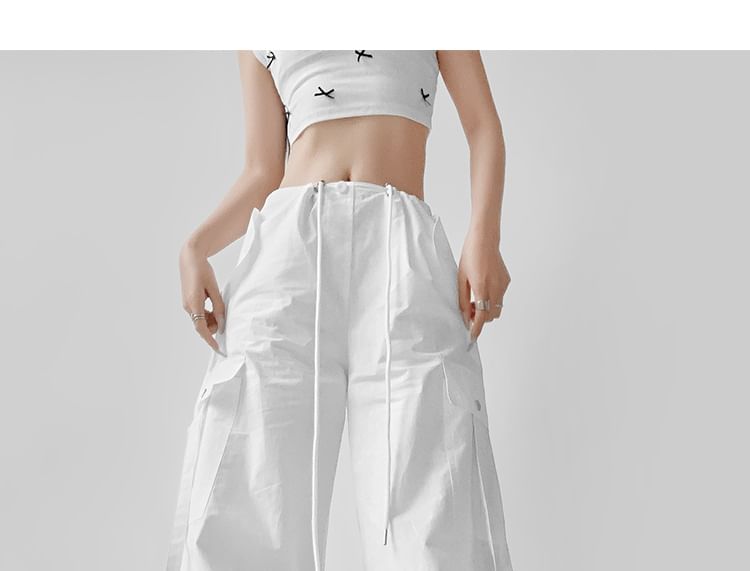 Drawstring Waist Plain Wide Leg Cargo Pants