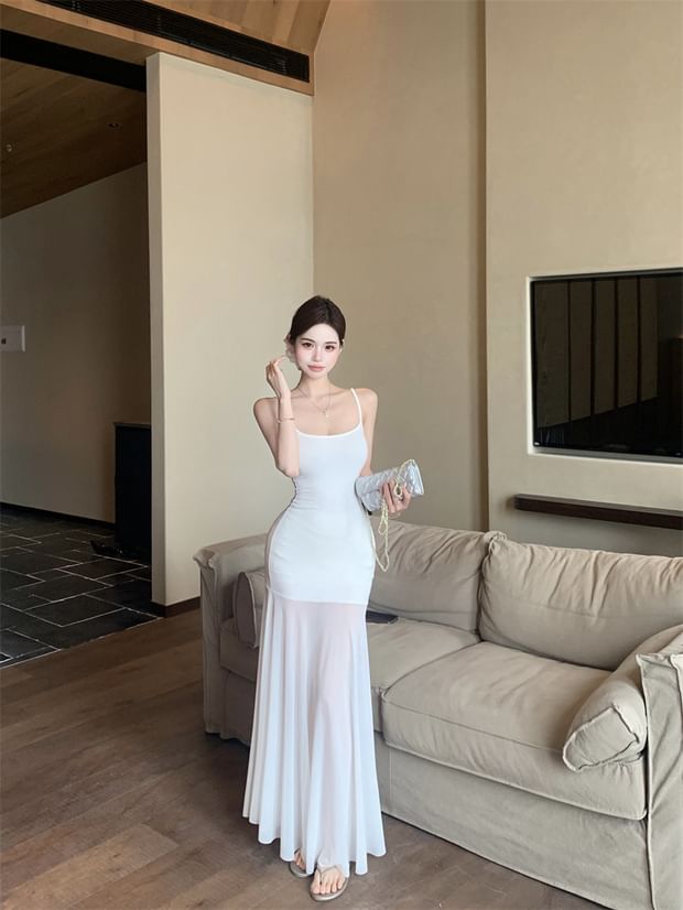 Mesh Panel Mermaid Maxi Dress - Spaghetti Strap Plain