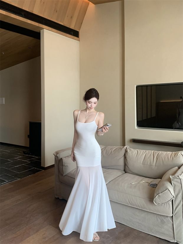 Mesh Panel Mermaid Maxi Dress - Spaghetti Strap Plain