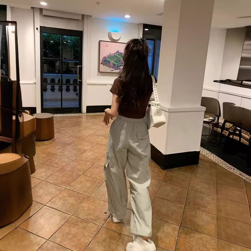 High Waist Plain Wide Leg Cargo Pants