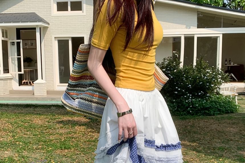 High-Rise Plaid Paneled Maxi A-Line Skirt