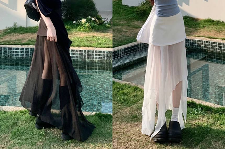 Mock Two-Piece Asymmetric Skirt with Mesh Panel and High Rise