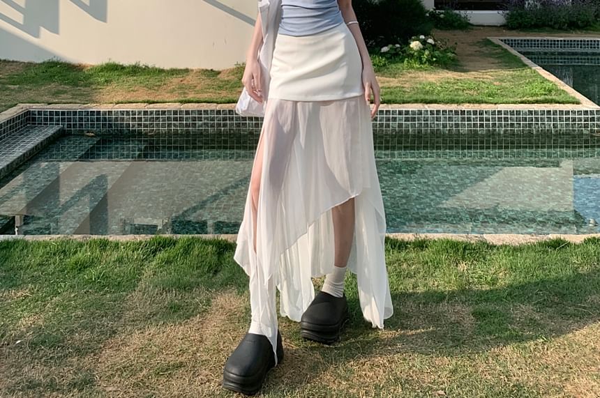 Mock Two-Piece Asymmetric Skirt with Mesh Panel and High Rise