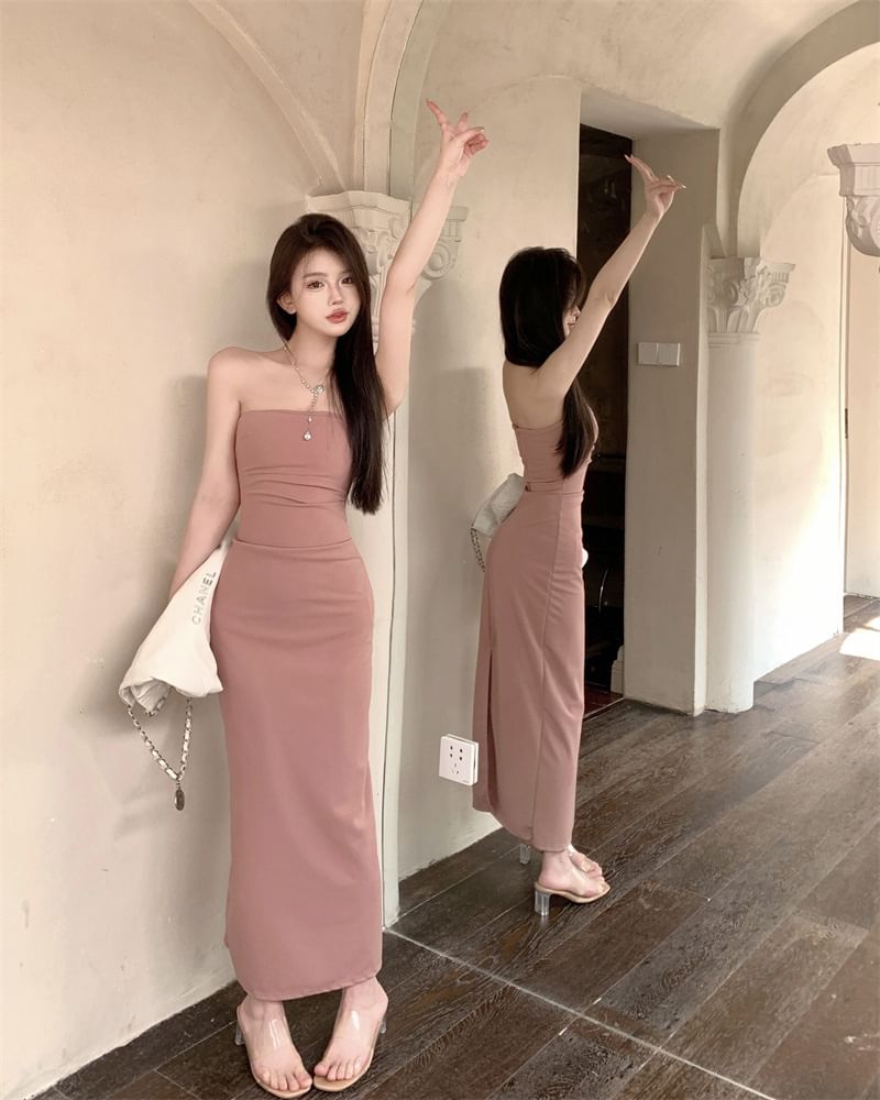 Sheath Maxi Dress - Strapless Plain