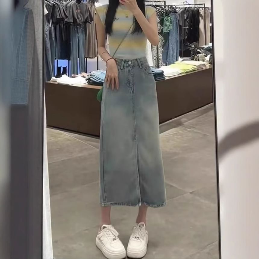 Slit Denim Midi Skirt with High Waist