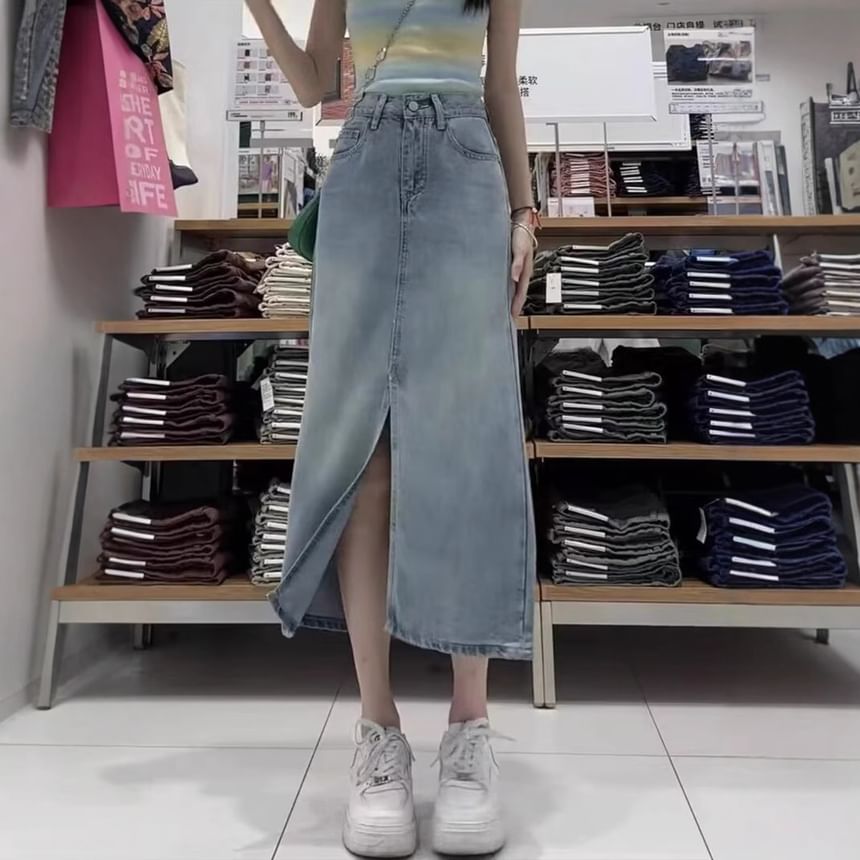 Slit Denim Midi Skirt with High Waist