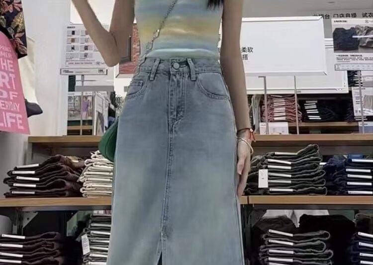 Slit Denim Midi Skirt with High Waist