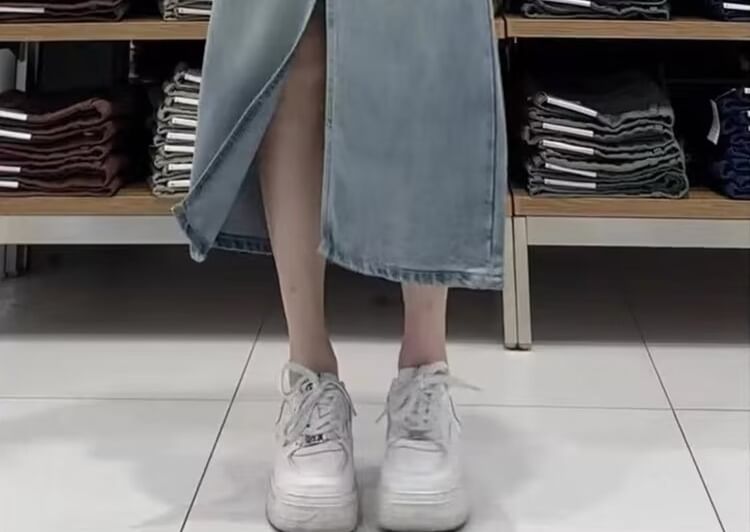 Slit Denim Midi Skirt with High Waist