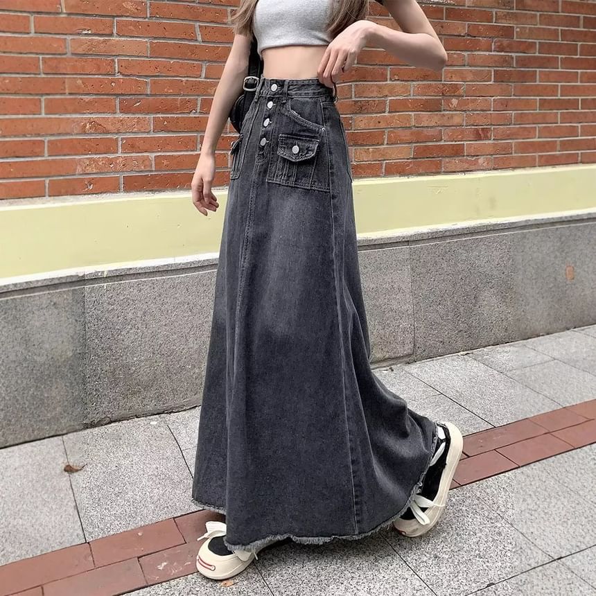 Button-Front Denim Maxi Skirt with Frayed Details