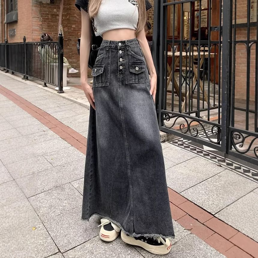 Button-Front Denim Maxi Skirt with Frayed Details