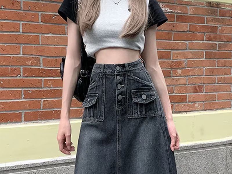 Button-Front Denim Maxi Skirt with Frayed Details