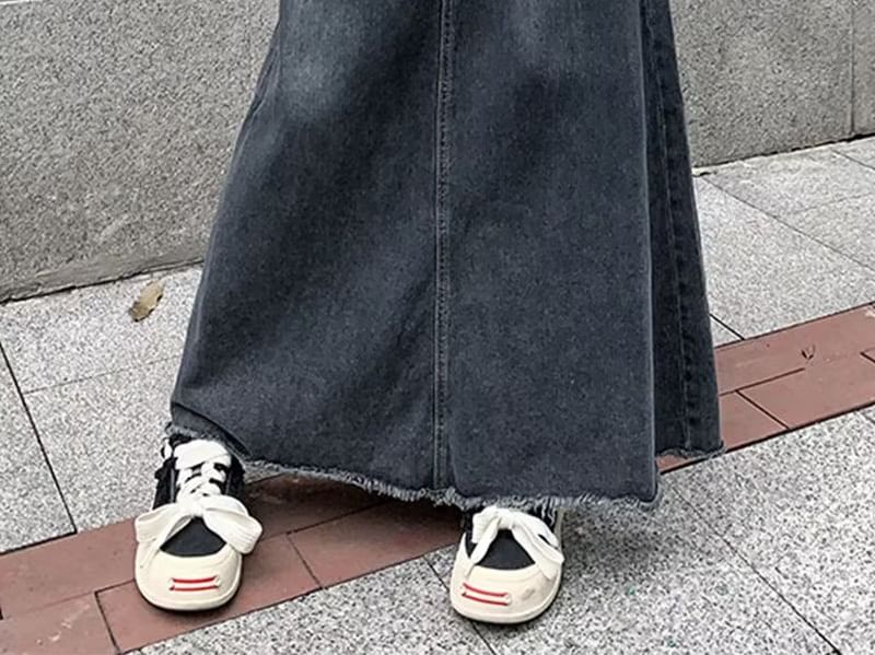 Button-Front Denim Maxi Skirt with Frayed Details