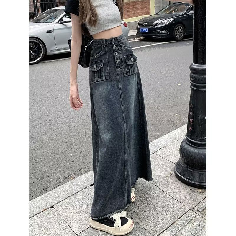Button-Front Denim Maxi Skirt with Frayed Details