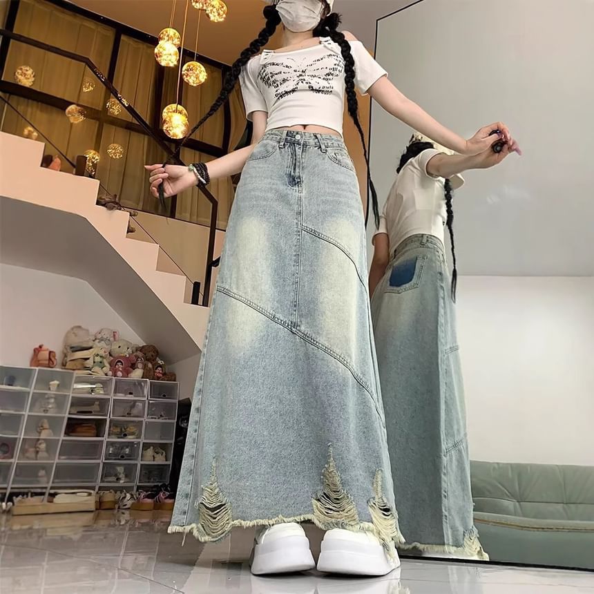 Distressed Denim Maxi Skirt with Frayed Hem