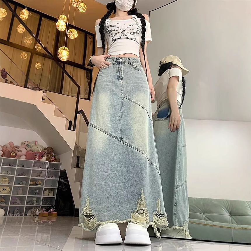 Distressed Denim Maxi Skirt with Frayed Hem