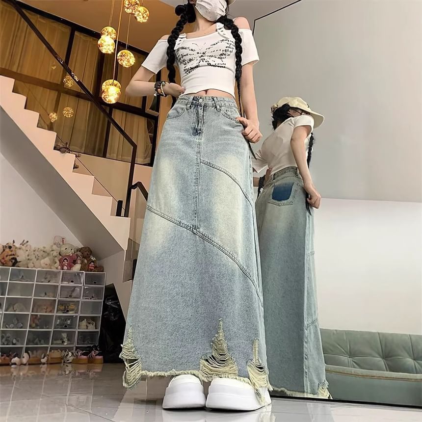 Distressed Denim Maxi Skirt with Frayed Hem
