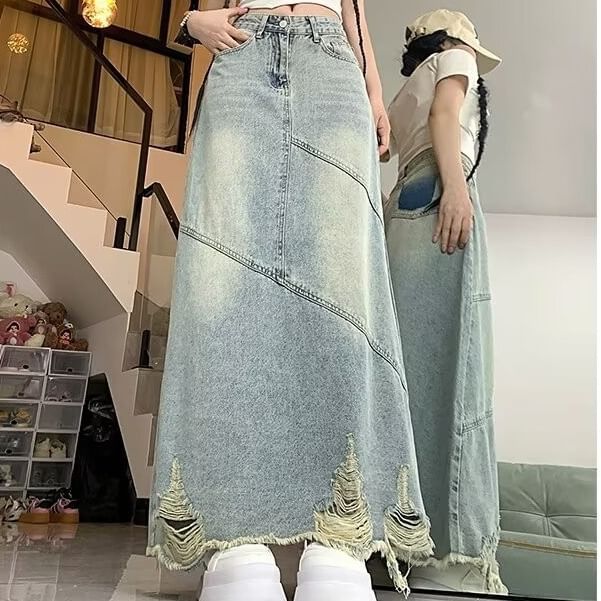 Distressed Denim Maxi Skirt with Frayed Hem
