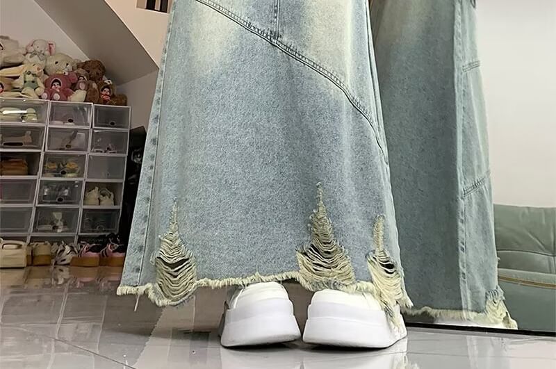Distressed Denim Maxi Skirt with Frayed Hem