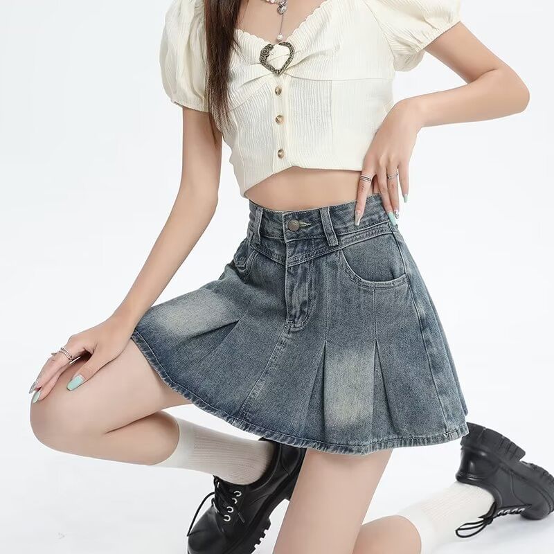 Pleated Denim Mini Skirt with High Waist