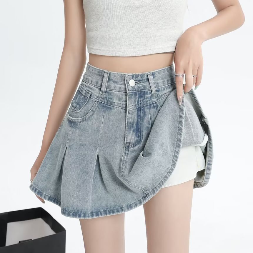 Pleated Denim Mini Skirt with High Waist