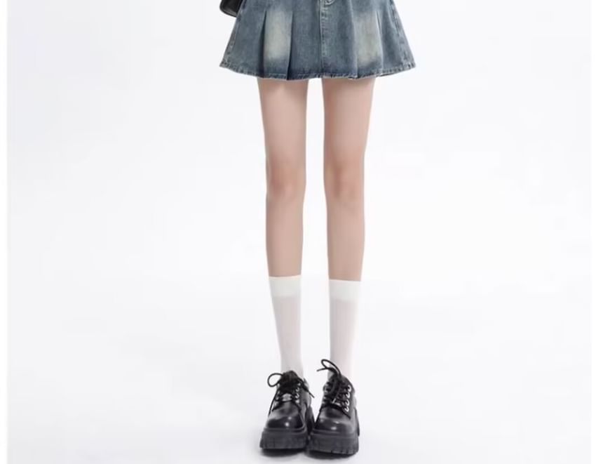 Pleated Denim Mini Skirt with High Waist