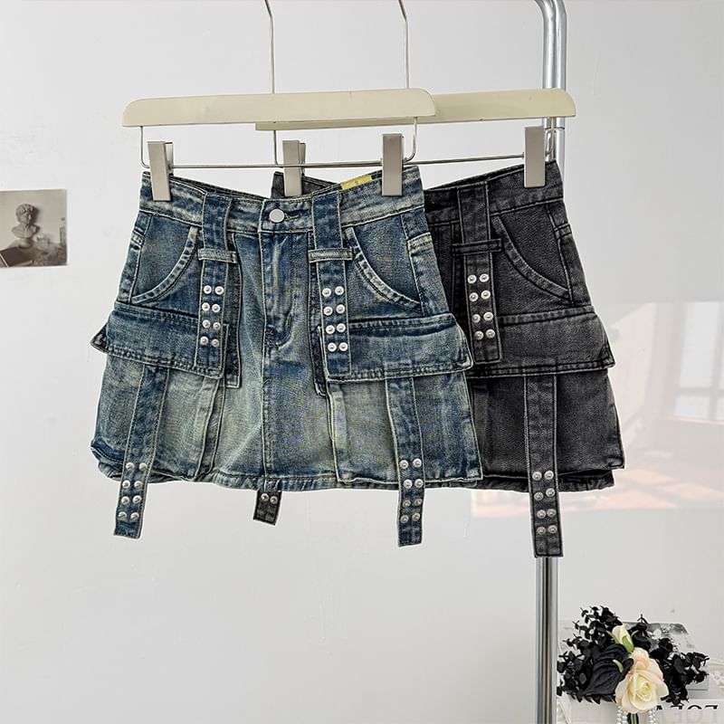 Washed Denim Mini Skirt with Pockets and High Waist