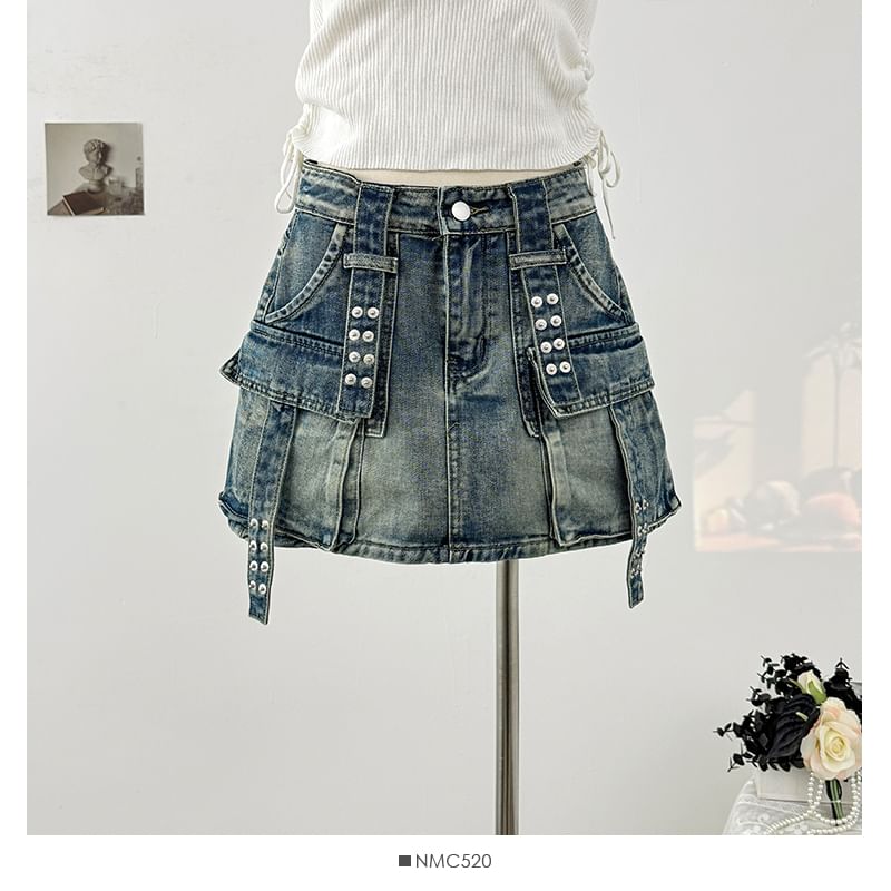 Washed Denim Mini Skirt with Pockets and High Waist