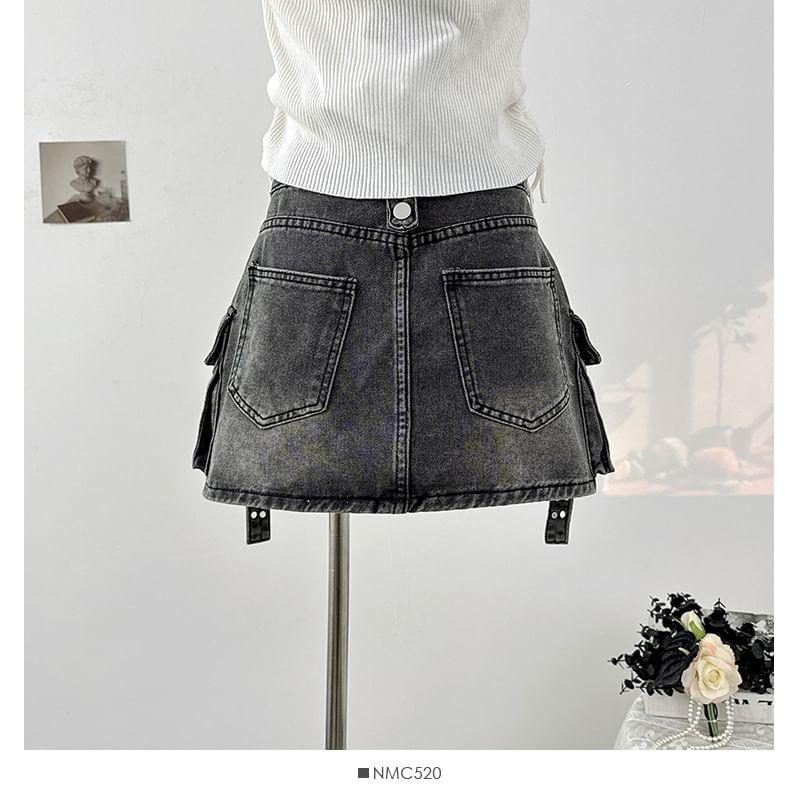 Washed Denim Mini Skirt with Pockets and High Waist