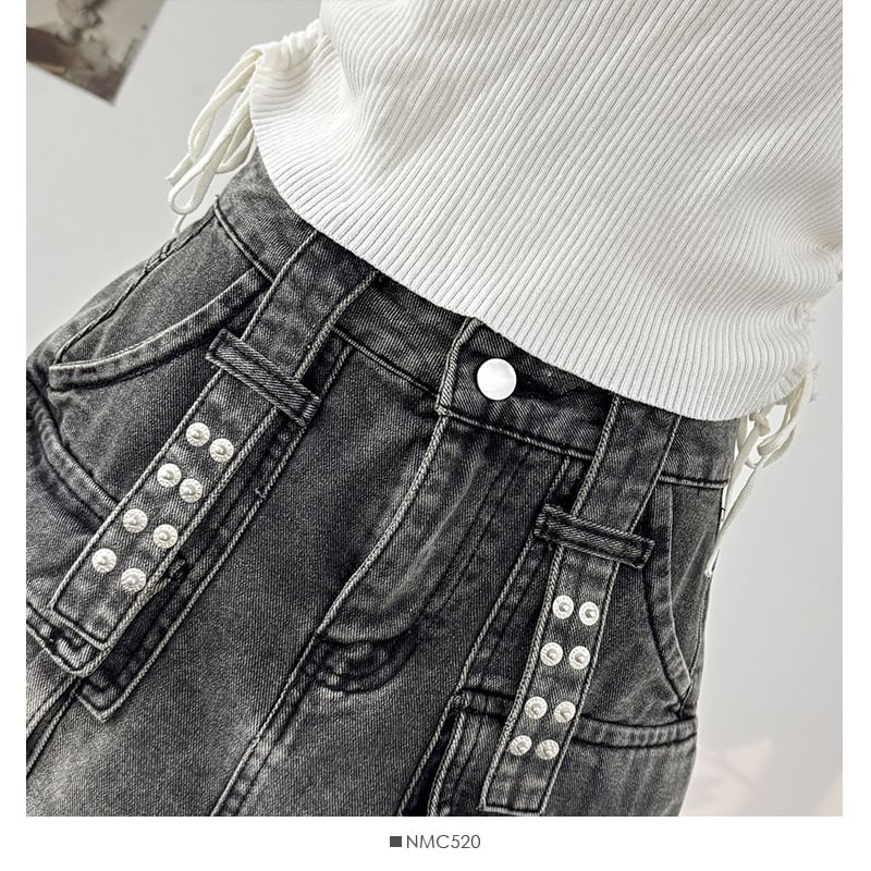 Washed Denim Mini Skirt with Pockets and High Waist