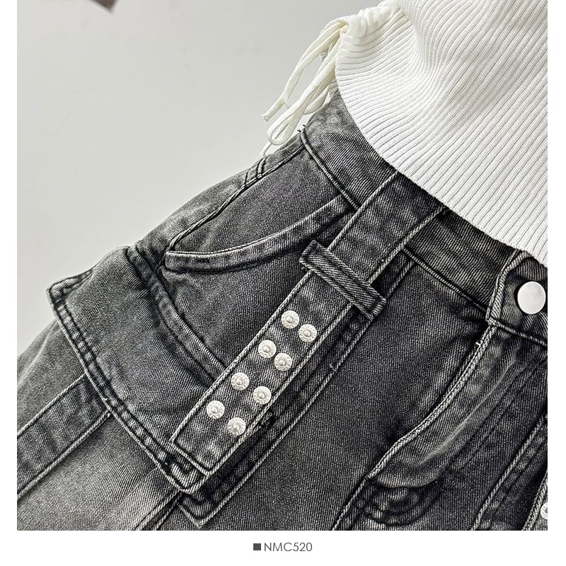 Washed Denim Mini Skirt with Pockets and High Waist
