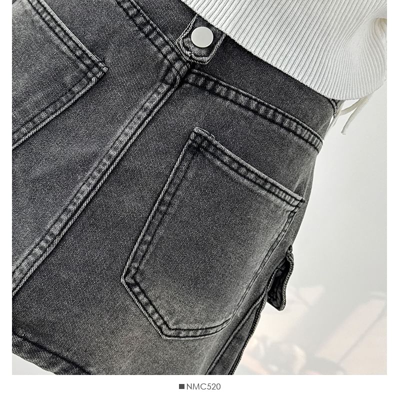 Washed Denim Mini Skirt with Pockets and High Waist