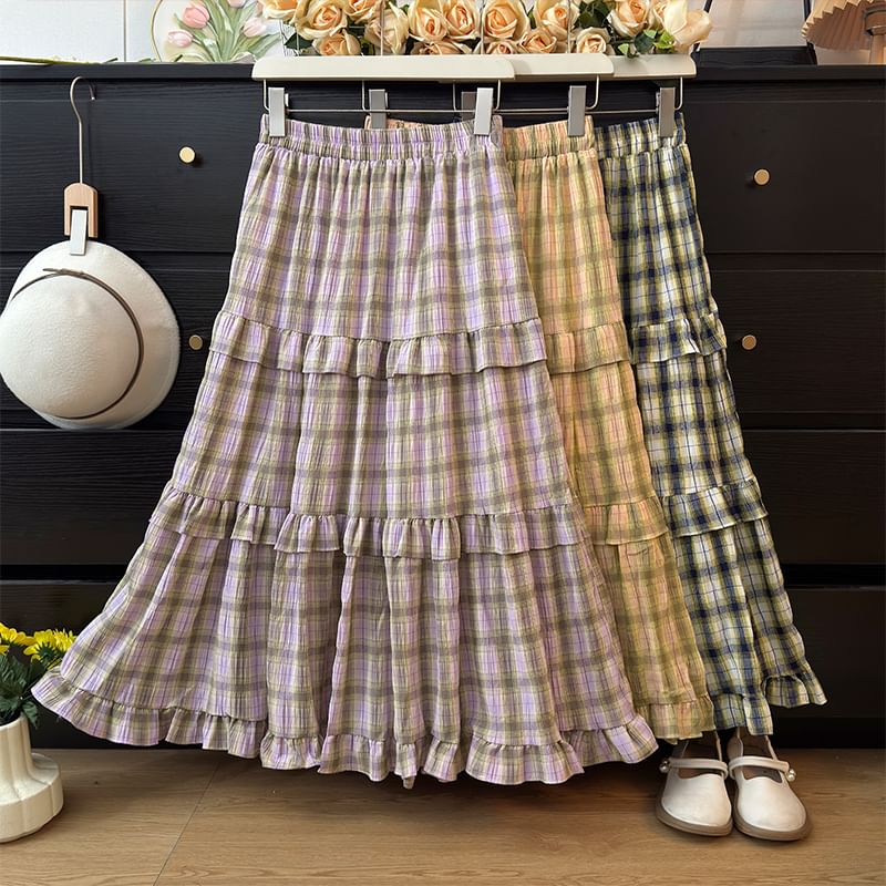 Plaid Ruffled Hem Maxi A-Line Skirt with High Rise