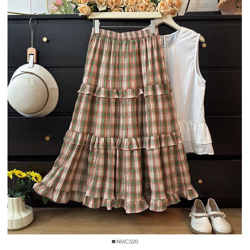 Plaid Ruffled Hem Maxi A-Line Skirt with High Rise