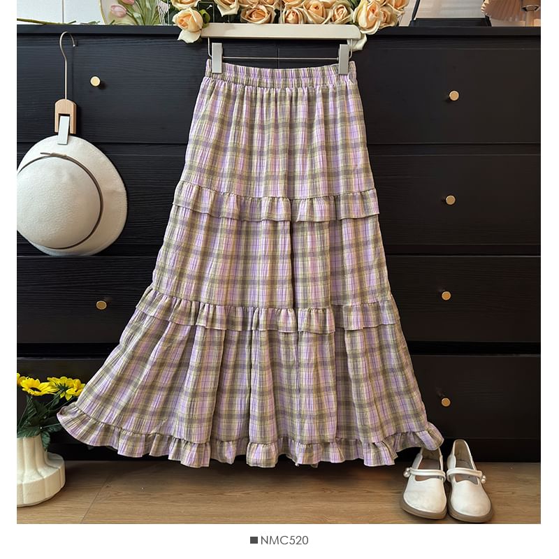 Plaid Ruffled Hem Maxi A-Line Skirt with High Rise