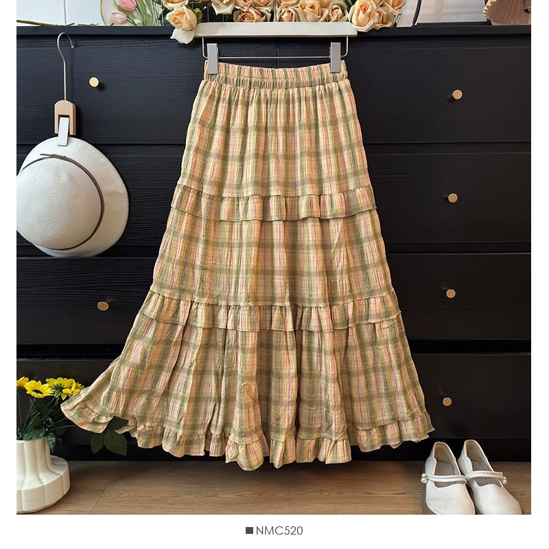 Plaid Ruffled Hem Maxi A-Line Skirt with High Rise