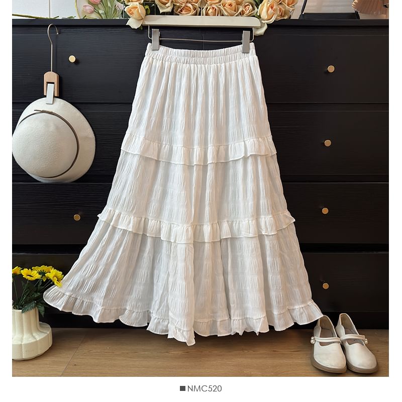 Plaid Ruffled Hem Maxi A-Line Skirt with High Rise