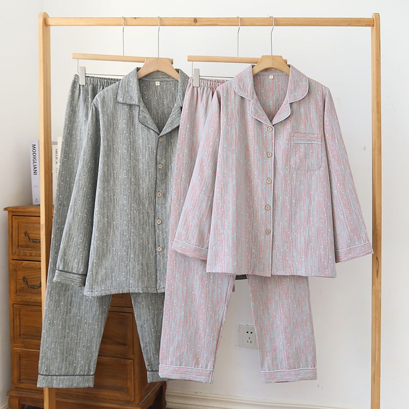 Couple Matching Pajama Set: Long Sleeve Collared Patterned Shirt + Elastic Waist Straight Leg Pants (Various Designs)