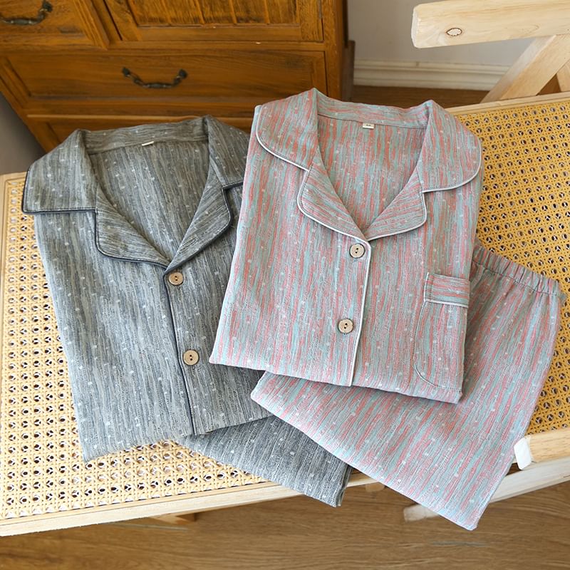 Couple Matching Pajama Set: Long Sleeve Collared Patterned Shirt + Elastic Waist Straight Leg Pants (Various Designs)