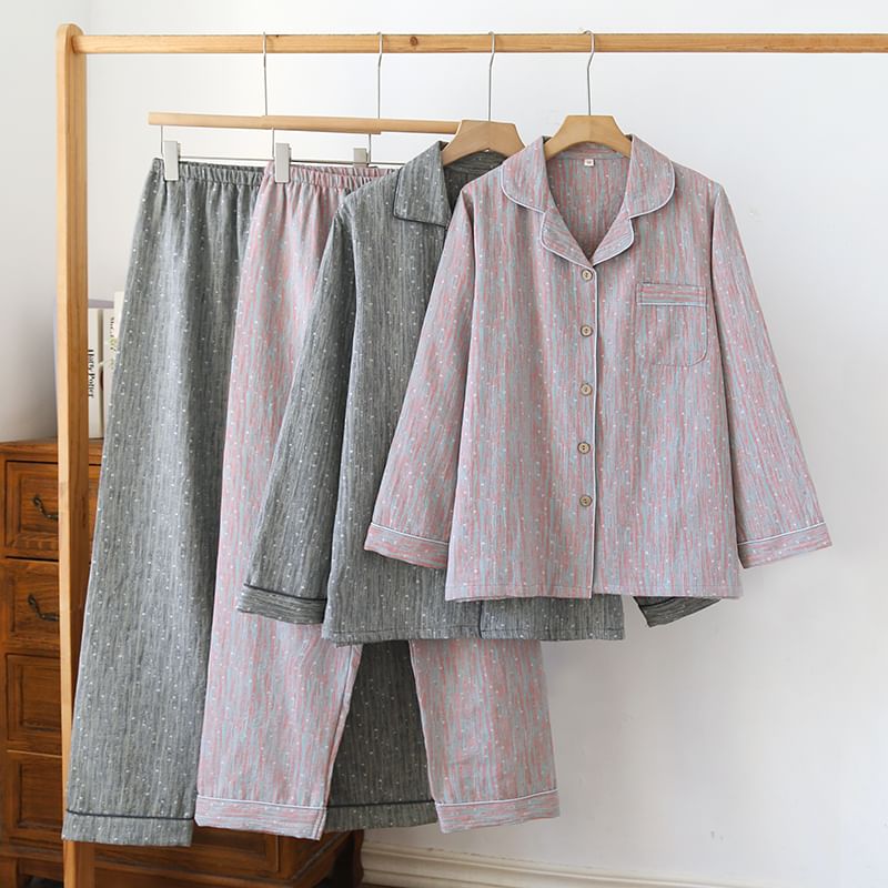 Couple Matching Pajama Set: Long Sleeve Collared Patterned Shirt + Elastic Waist Straight Leg Pants (Various Designs)