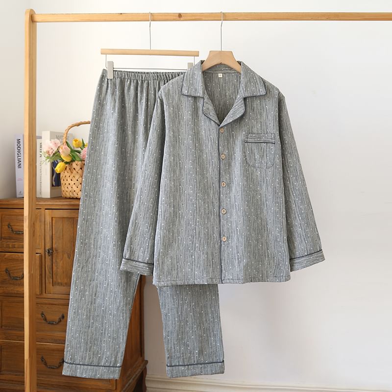 Couple Matching Pajama Set: Long Sleeve Collared Patterned Shirt + Elastic Waist Straight Leg Pants (Various Designs)